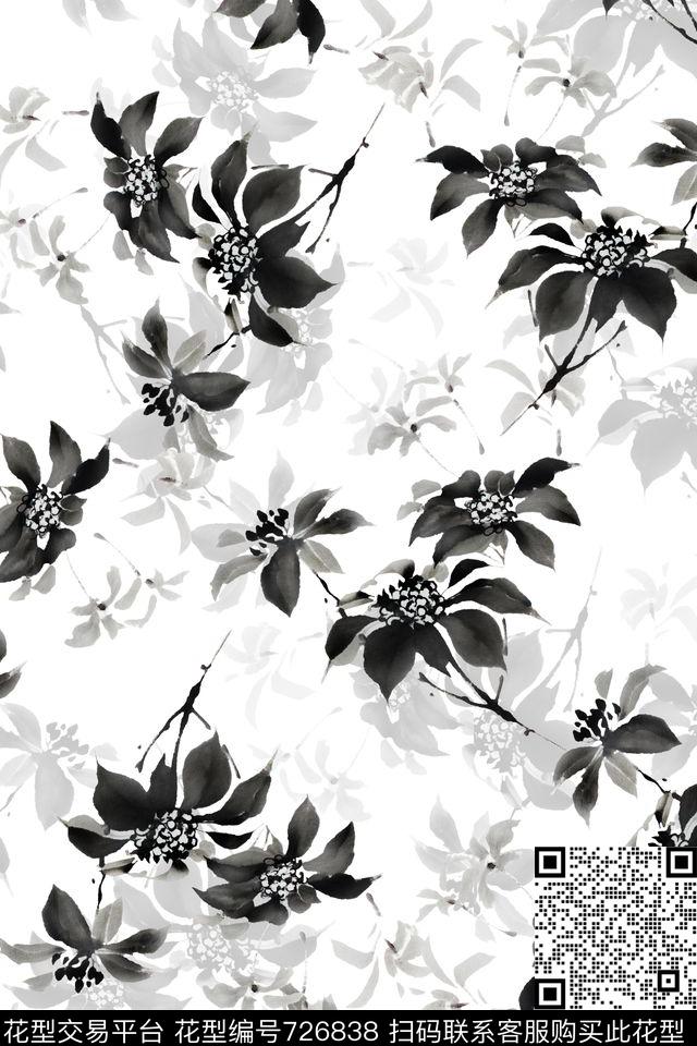 水墨花卉手绘数码印花华亿平台下载（图片编号: 726838） - 瓦栏（Walan）