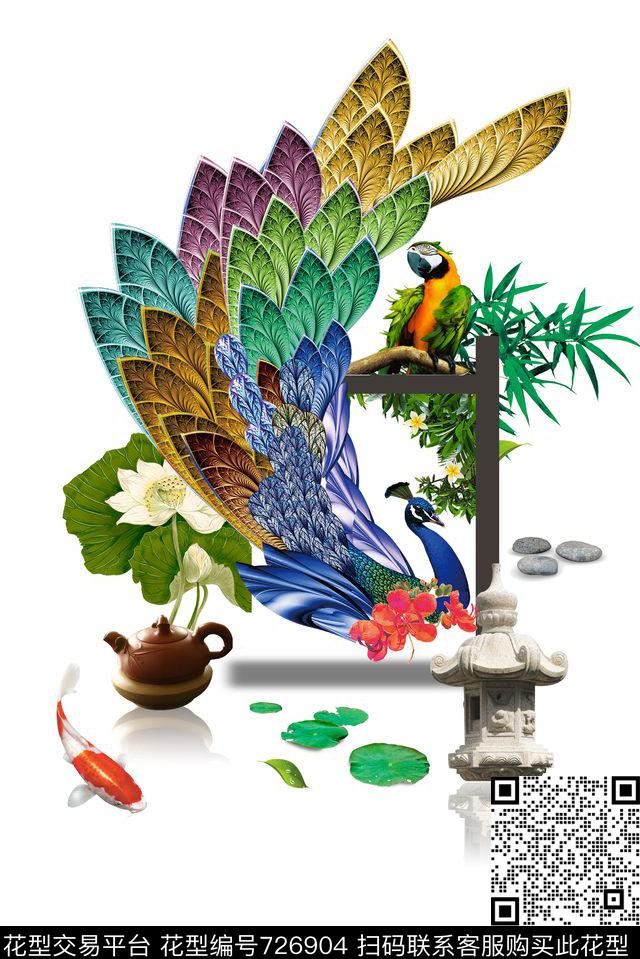 羽毛孔雀喜鹊数码印花华亿平台下载（图片编号: 726904） - 瓦栏（Walan）