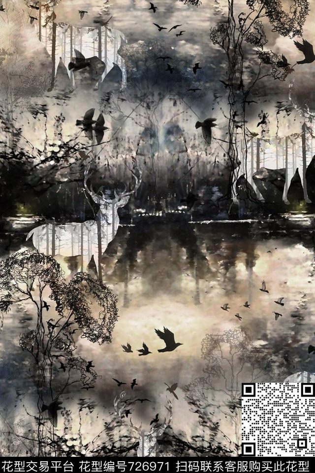 黄昏下的森林动物男装夹克华亿平台数码印花华亿平台下载（图片编号: 726971） - 瓦栏（Walan）