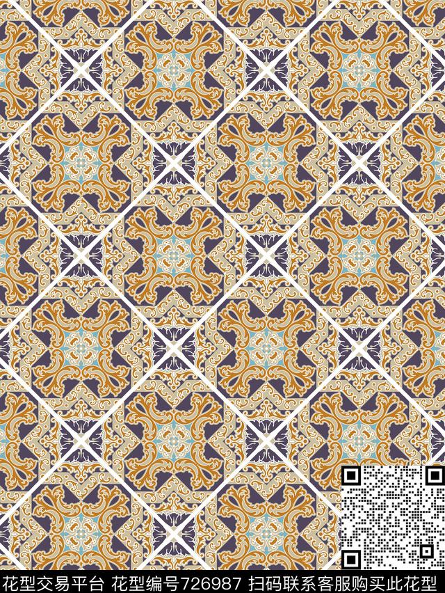 时尚民族女装箱包华亿平台地中海瓷砖花传统印花华亿平台下载（图片编号: 726987） - 瓦栏（Walan）
