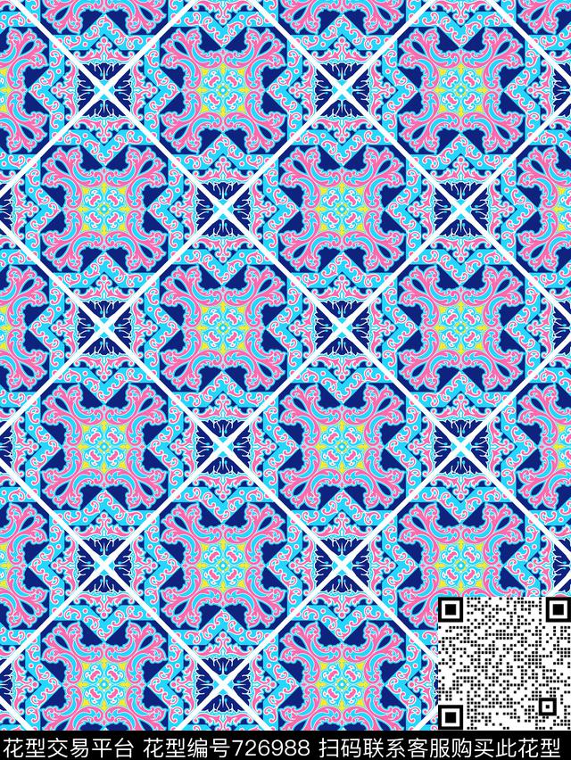 时尚民族女装箱包华亿平台地中海瓷砖花传统印花华亿平台下载（图片编号: 726988） - 瓦栏（Walan）