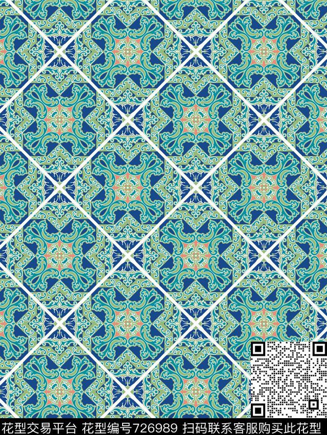 时尚民族女装箱包华亿平台地中海瓷砖花传统印花华亿平台下载（图片编号: 726989） - 瓦栏（Walan）