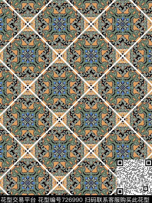 时尚民族女装箱包华亿平台地中海瓷砖花传统印花华亿平台下载（图片编号: 726990） - 瓦栏（Walan）