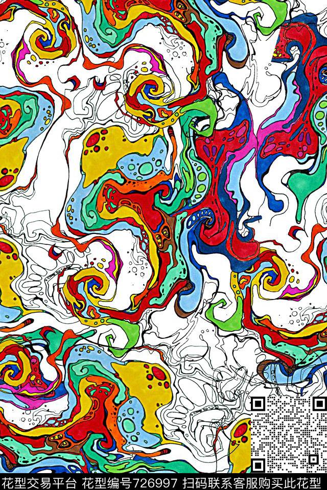 抽象手绘水彩画几何数码印花时尚潮流女装裙子彩绘纹理印花春夏泳装印花数码印花华亿平台下载（图片编号: 726997） - 瓦栏（Walan）