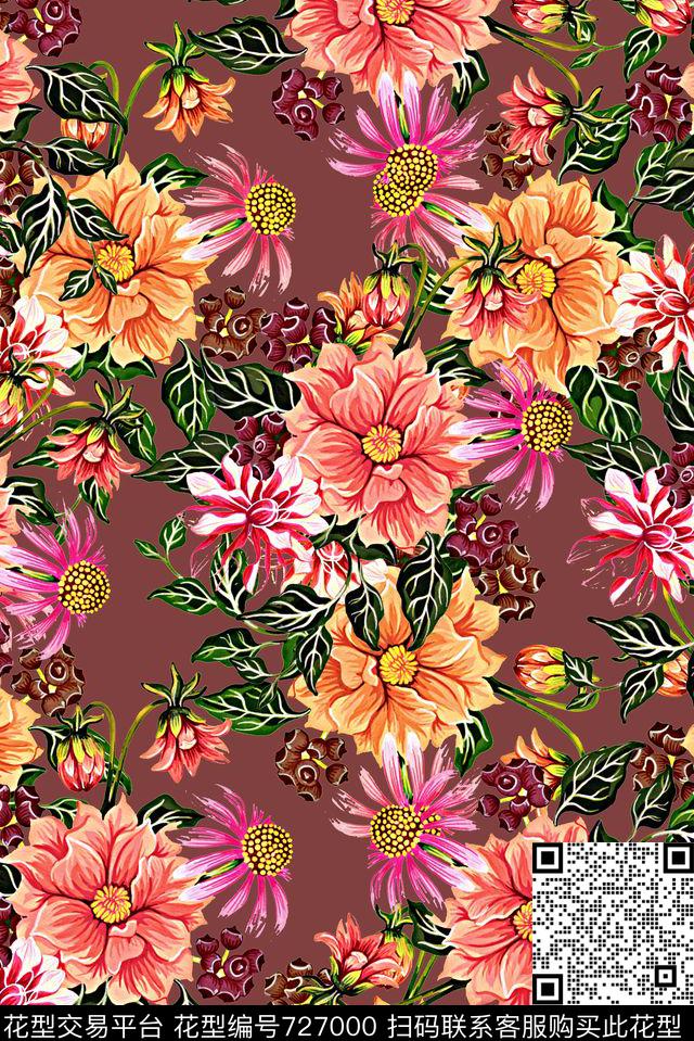 抽象手绘水彩画花卉数码印花时尚潮流女装裙子长裙印花欧美复古大牌女装印花数码印花华亿平台下载（图片编号: 727000） - 瓦栏（Walan）