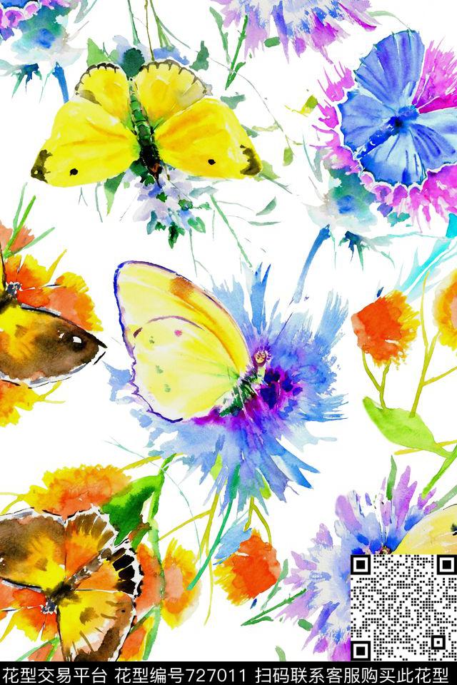 蝴蝶花卉水彩数码印花华亿平台下载（图片编号: 727011） - 瓦栏（Walan）