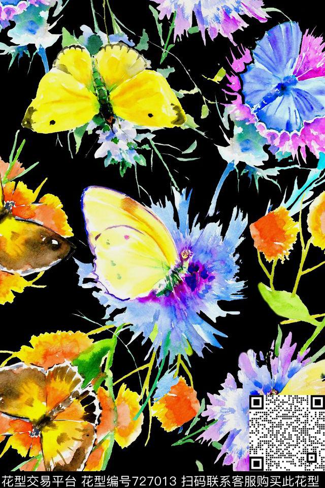蝴蝶花卉水彩数码印花华亿平台下载（图片编号: 727013） - 瓦栏（Walan）