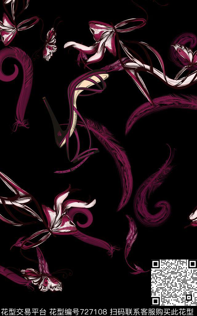 抽象高跟鞋羽毛数码印花华亿平台下载（图片编号: 727108） - 瓦栏（Walan）