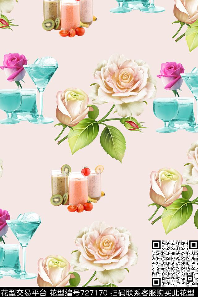 玫瑰花朵酒杯数码印花华亿平台下载（图片编号: 727170） - 瓦栏（Walan）