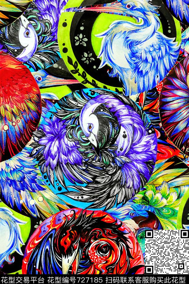 抽象手绘水彩画动物凤凰印花是潮流女装裙子彩绘油画印花欧美复古大牌女装夹克外套运动服印花数码印花华亿平台下载（图片编号: 727185） - 瓦栏（Walan）