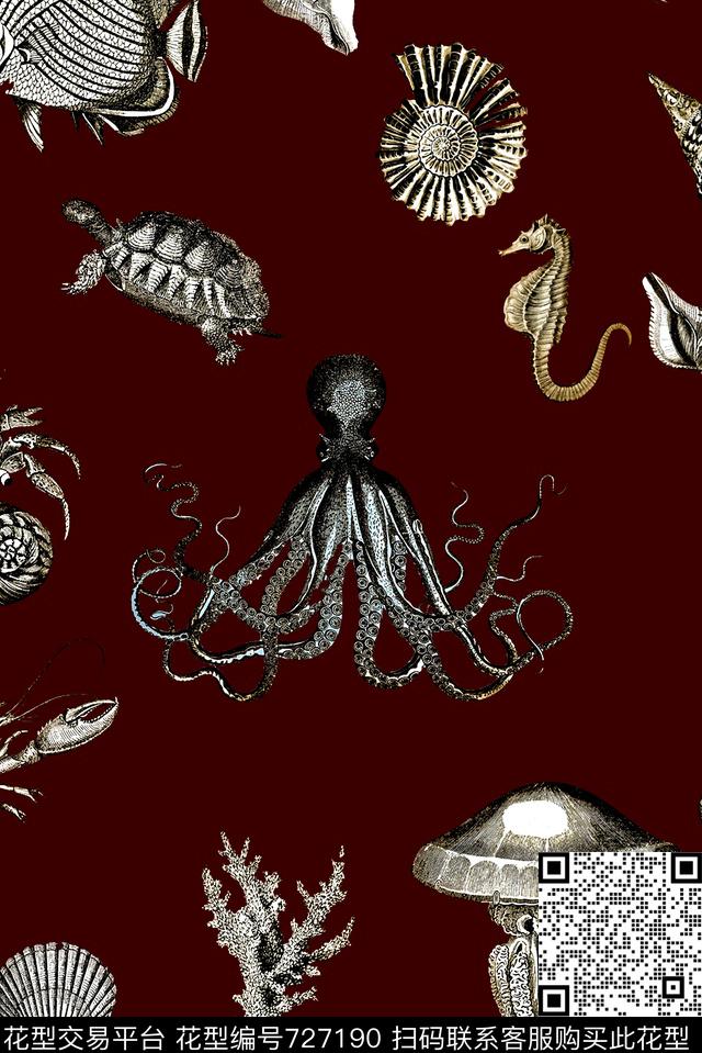 抽象手绘水彩画海洋动物印花时尚潮流女装裙子海马贝壳乌龟章鱼印花欧美复古大牌印花数码印花华亿平台下载（图片编号: 727190） - 瓦栏（Walan）
