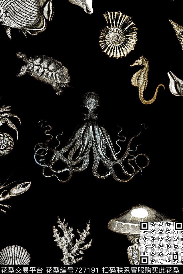 抽象手绘水彩画海洋动物印花时尚潮流女装裙子海马贝壳乌龟章鱼印花欧美复古大牌印花数码印花华亿平台下载（图片编号: 727191） - 瓦栏（Walan）