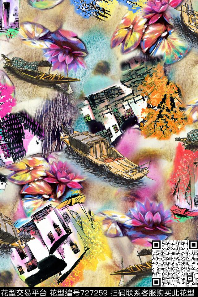 水乡房子船花卉数码印花华亿平台下载（图片编号: 727259） - 瓦栏（Walan）