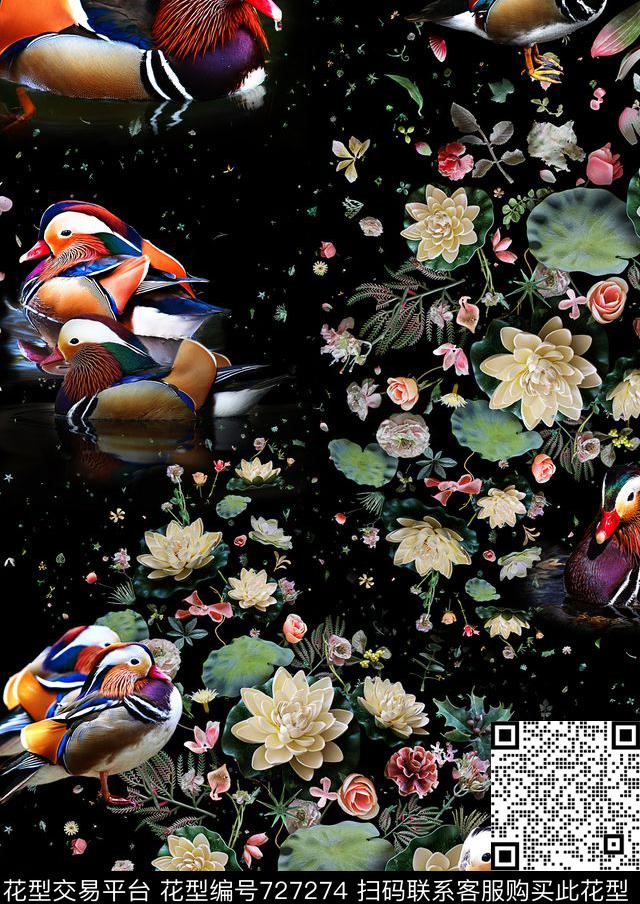 鸳鸯戏荷荷花湖水数码印花华亿平台下载（图片编号: 727274） - 瓦栏（Walan）