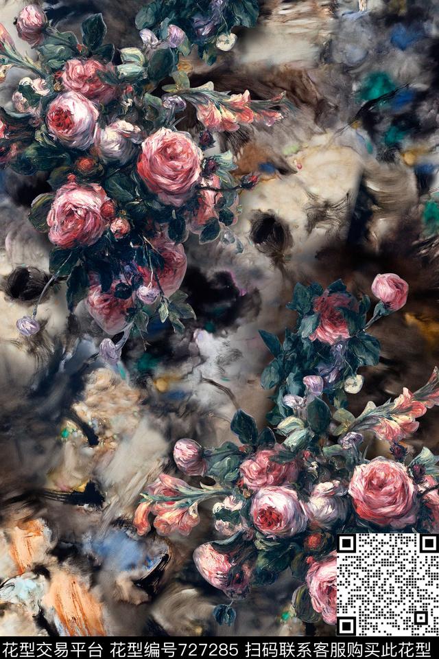 油画肌理花卉数码印花华亿平台下载（图片编号: 727285） - 瓦栏（Walan）