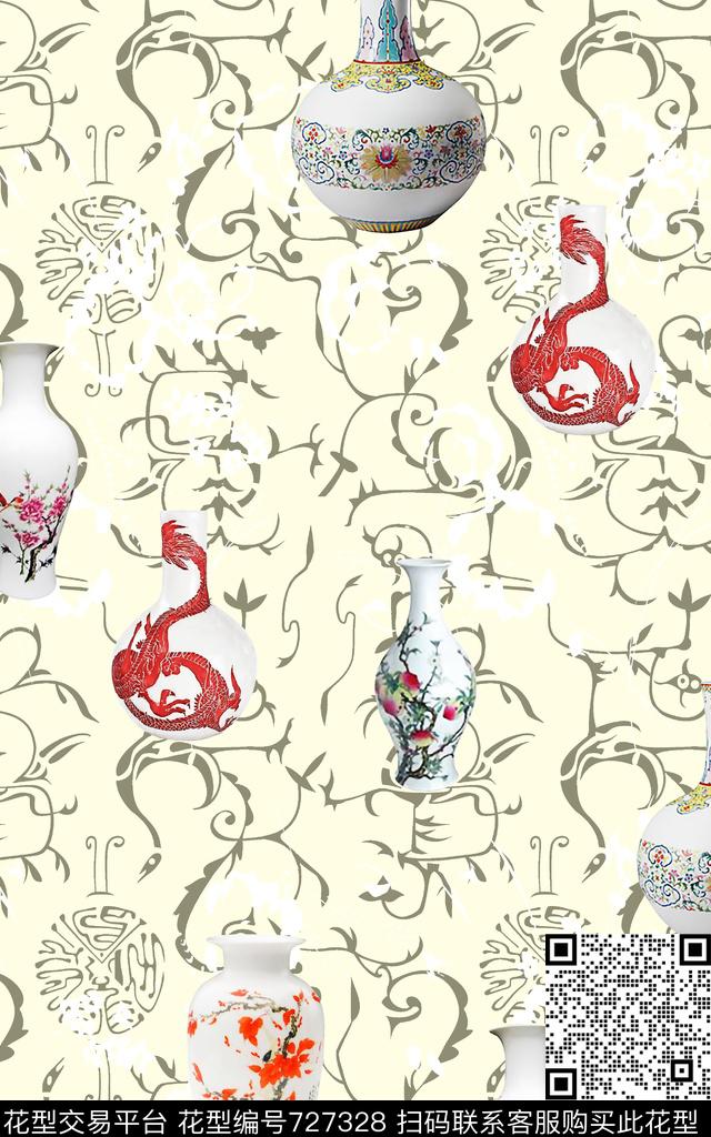 中国风国画树叶数码印花华亿平台下载（图片编号: 727328） - 瓦栏（Walan）