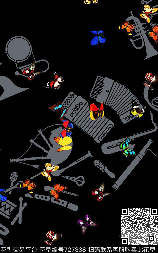 小清新乐器蝴蝶数码印花华亿平台下载（图片编号: 727338） - 瓦栏（Walan）