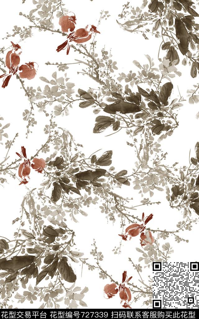 中国风国画树叶数码印花华亿平台下载（图片编号: 727339） - 瓦栏（Walan）