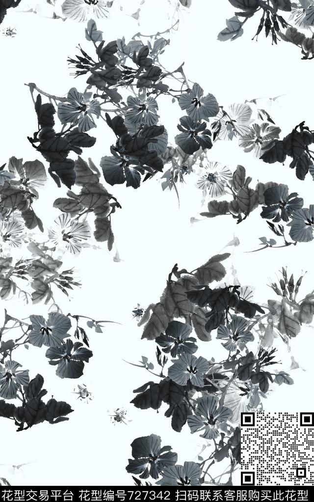 中国风国画树叶数码印花华亿平台下载（图片编号: 727342） - 瓦栏（Walan）