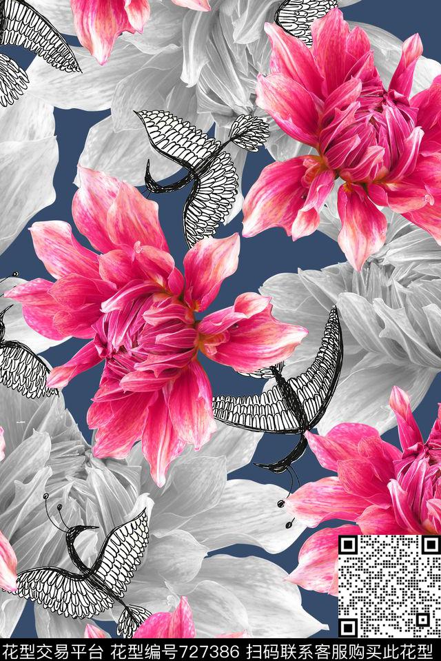 花卉鸟小清新数码印花华亿平台下载（图片编号: 727386） - 瓦栏（Walan）