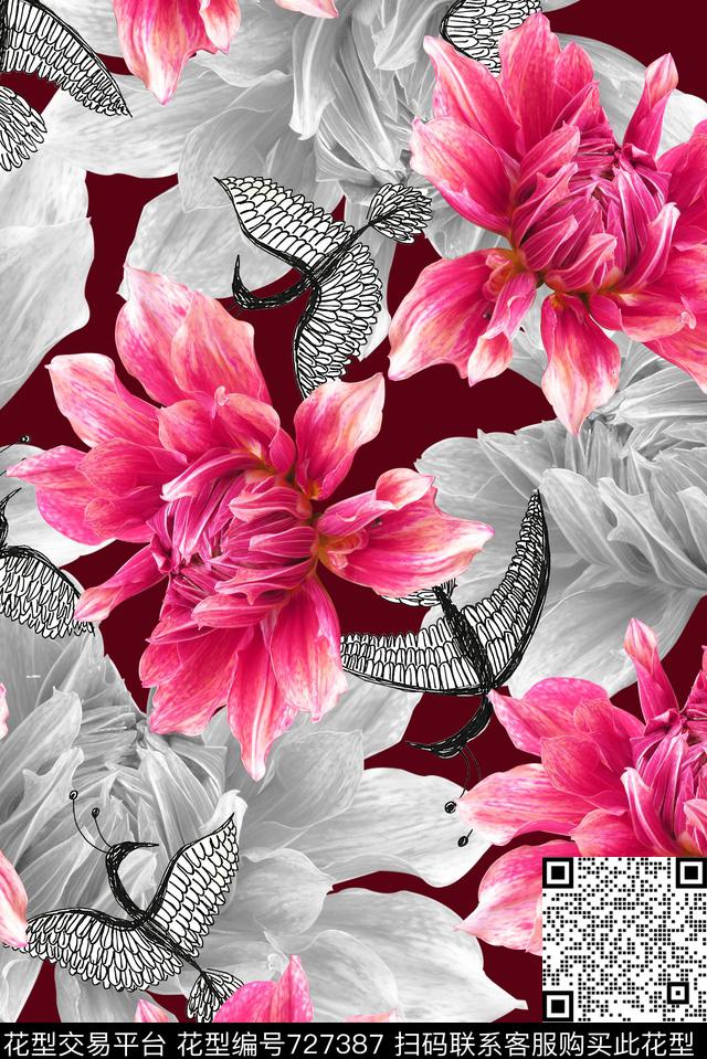 花卉鸟小清新数码印花华亿平台下载（图片编号: 727387） - 瓦栏（Walan）