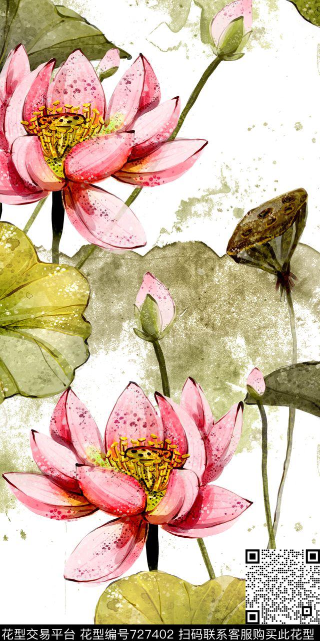 数码花卉类花卉荷花数码印花华亿平台下载（图片编号: 727402） - 瓦栏（Walan）