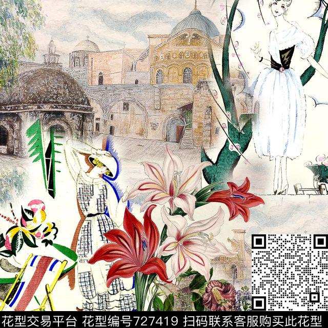 抽象风景百合数码印花华亿平台下载（图片编号: 727419） - 瓦栏（Walan）