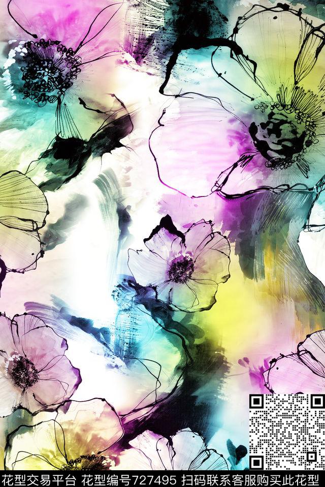 大花花朵小清新数码印花华亿平台下载（图片编号: 727495） - 瓦栏（Walan）