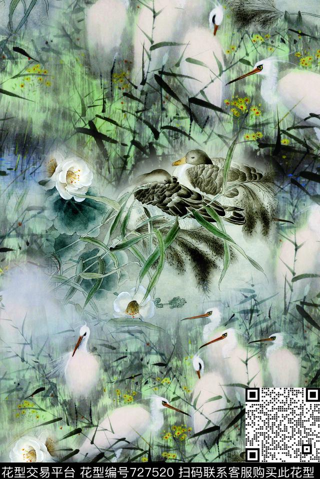 旗袍复古工笔画数码印花华亿平台下载（图片编号: 727520） - 瓦栏（Walan）