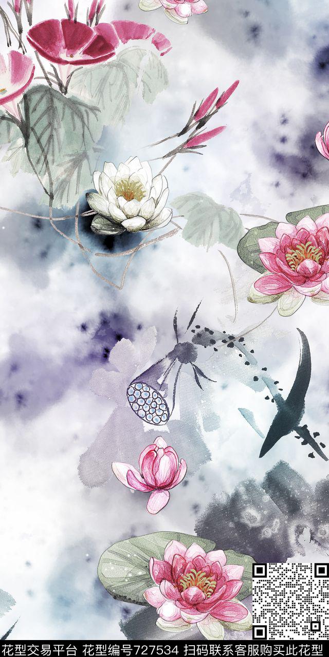 荷花荷叶手绘数码印花华亿平台下载（图片编号: 727534） - 瓦栏（Walan）