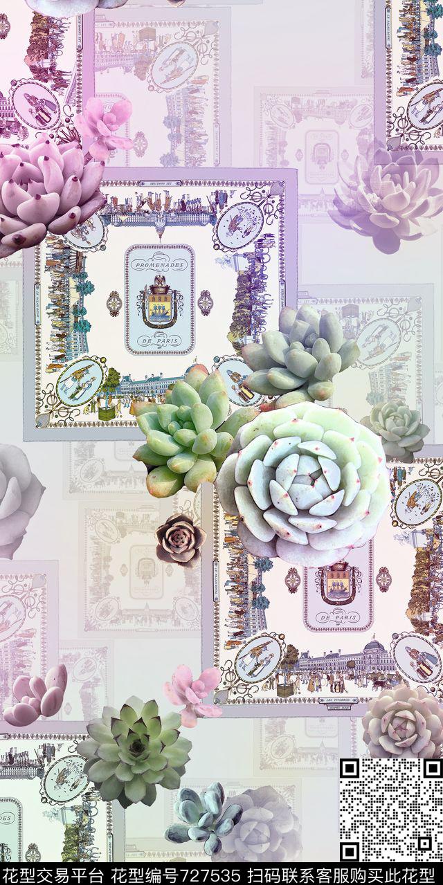 多肉方巾浅色数码印花华亿平台下载（图片编号: 727535） - 瓦栏（Walan）