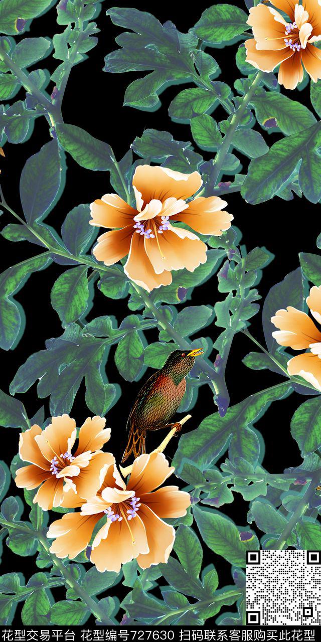 花鸟花朵花卉数码印花华亿平台下载（图片编号: 727630） - 瓦栏（Walan）