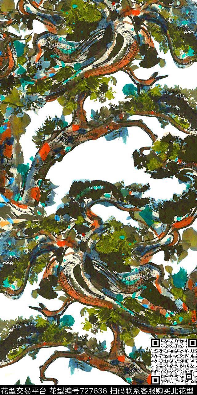 水彩树枝水墨中国风数码印花华亿平台下载（图片编号: 727636） - 瓦栏（Walan）