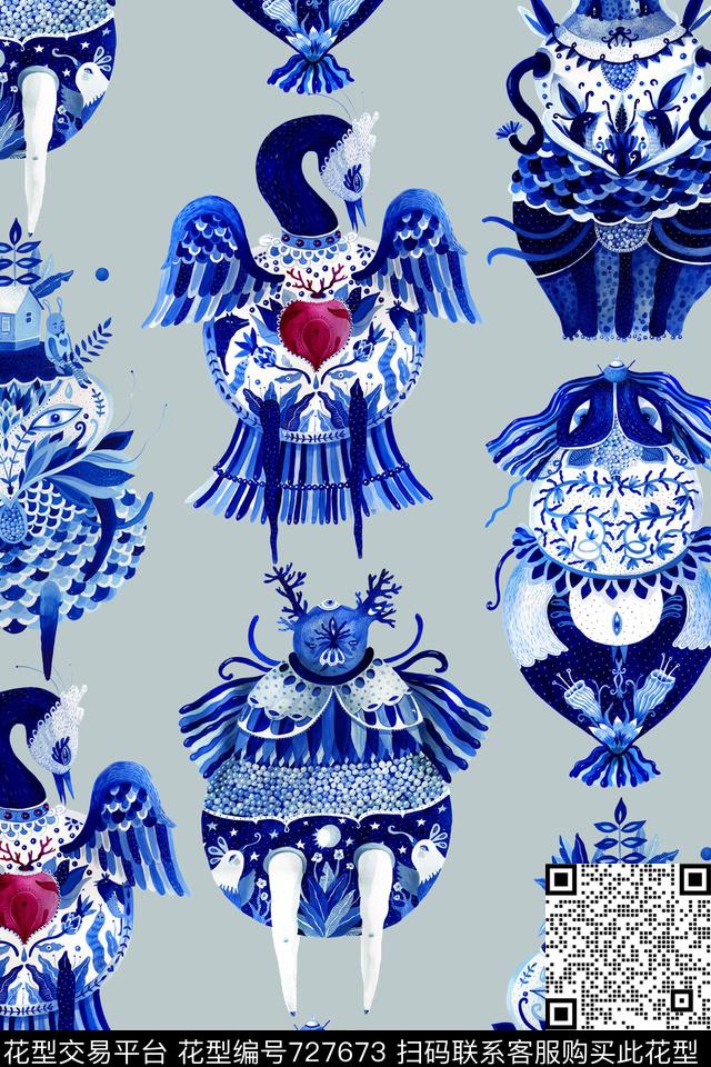 中国风青花瓷动物数码印花华亿平台下载（图片编号: 727673） - 瓦栏（Walan）
