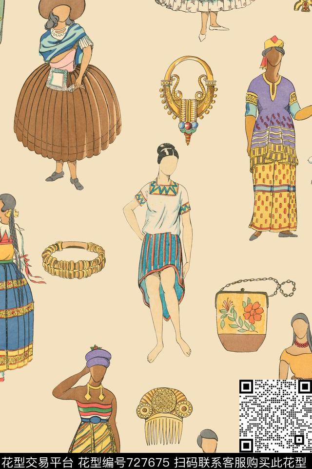 时尚手绘人物数码印花华亿平台下载（图片编号: 727675） - 瓦栏（Walan）