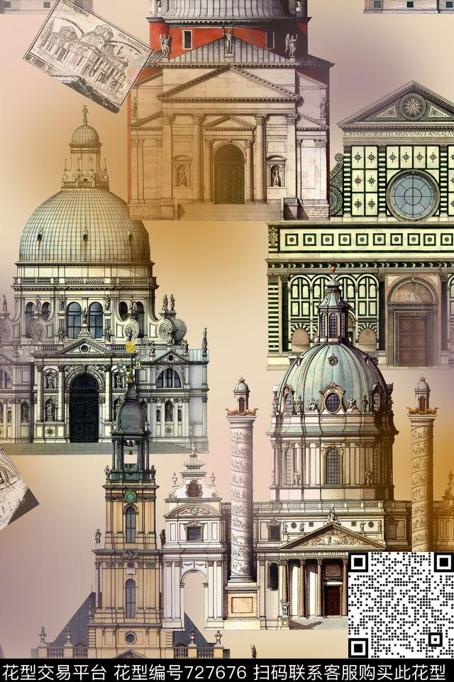 休闲建筑邮票数码印花华亿平台下载（图片编号: 727676） - 瓦栏（Walan）