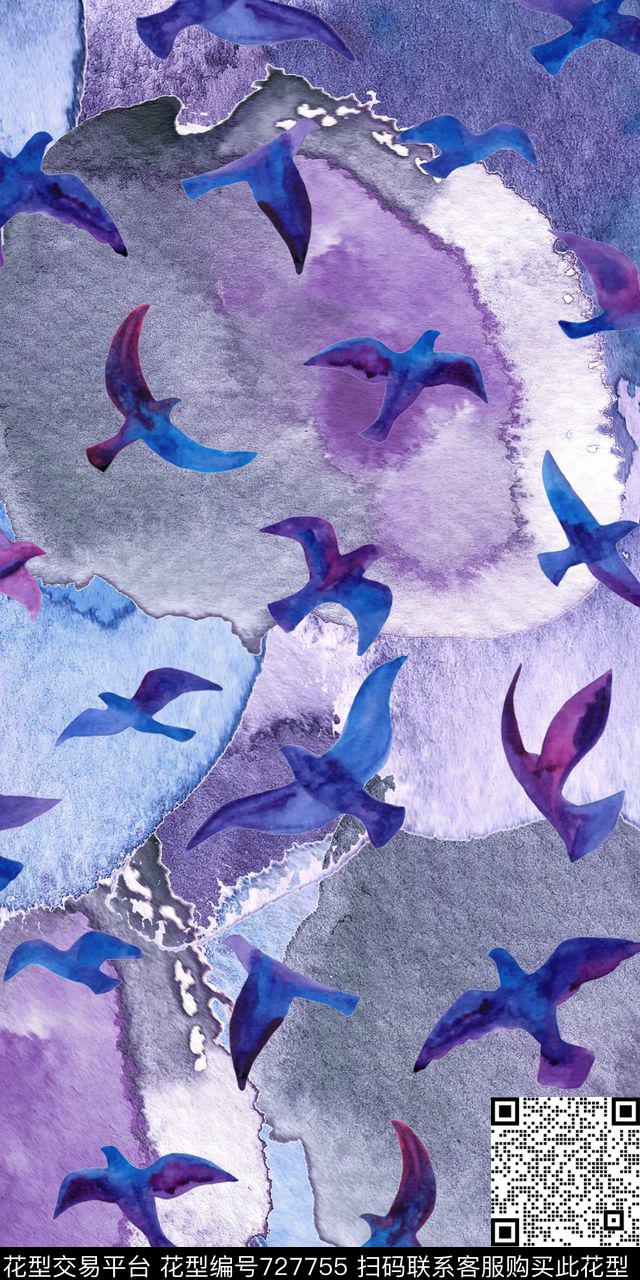 数码动物类鸟水彩水墨数码印花华亿平台下载（图片编号: 727755） - 瓦栏（Walan）