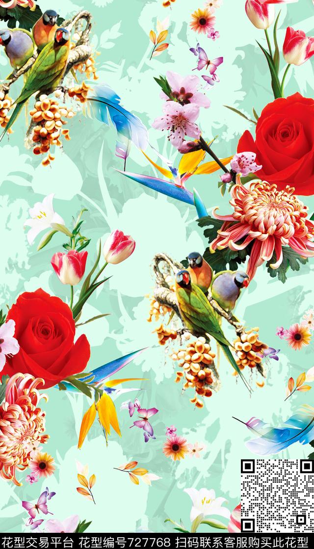 创意各类花卉组合动物鸟时尚清新数码印花华亿平台下载（图片编号: 727768） - 瓦栏（Walan）