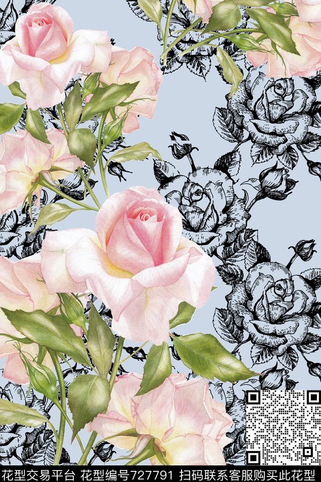 时尚花卉大花玫瑰数码印花华亿平台下载（图片编号: 727791） - 瓦栏（Walan）
