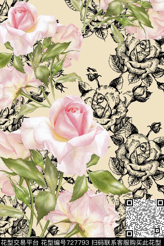 时尚花卉大花玫瑰数码印花华亿平台下载（图片编号: 727793） - 瓦栏（Walan）
