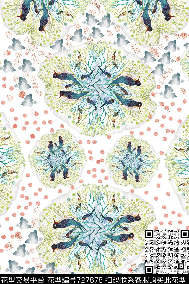 喜鹊手绘淡雅数码印花华亿平台下载（图片编号: 727878） - 瓦栏（Walan）