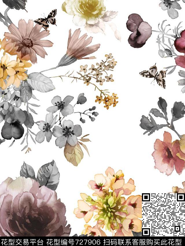 手绘花卉植物数码印花华亿平台下载（图片编号: 727906） - 瓦栏（Walan）