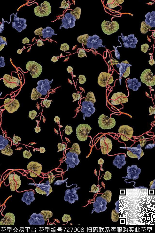 手绘藤条小碎花数码印花华亿平台下载（图片编号: 727908） - 瓦栏（Walan）
