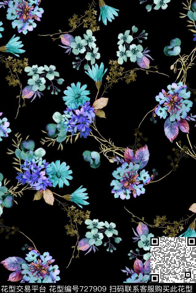 手绘花卉薰衣草数码印花华亿平台下载（图片编号: 727909） - 瓦栏（Walan）
