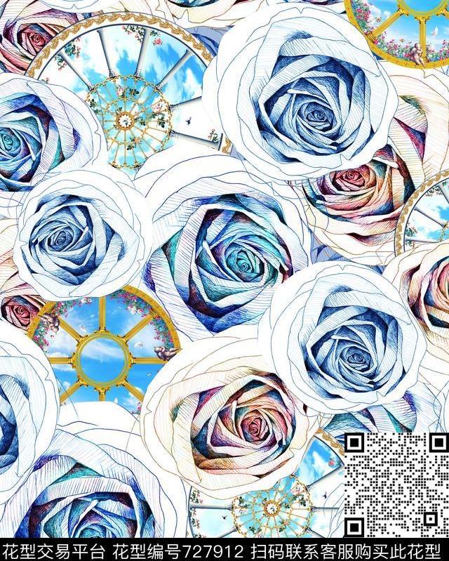 抽象手绘玫瑰数码印花华亿平台下载（图片编号: 727912） - 瓦栏（Walan）