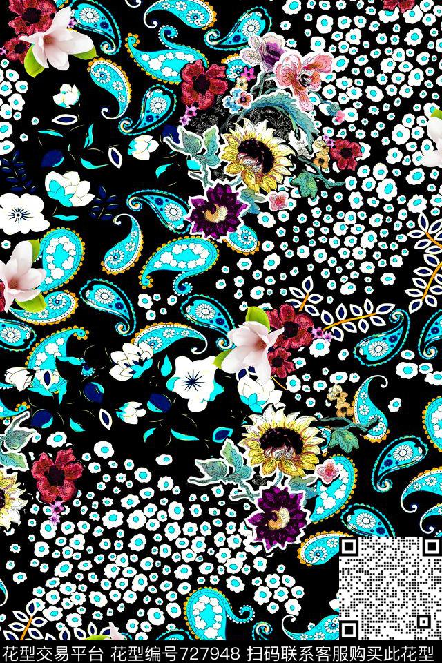 花卉腰果花几何数码印花华亿平台下载（图片编号: 727948） - 瓦栏（Walan）