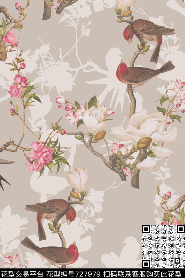 复古中国风花鸟画数码印花华亿平台下载（图片编号: 727979） - 瓦栏（Walan）