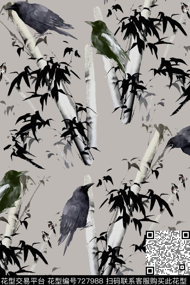 水墨鸟竹子数码印花华亿平台下载（图片编号: 727988） - 瓦栏（Walan）