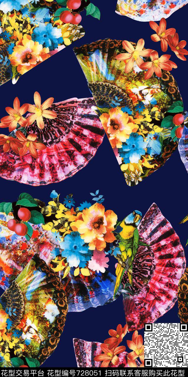 大牌扇子花鸟数码印花华亿平台下载（图片编号: 728051） - 瓦栏（Walan）