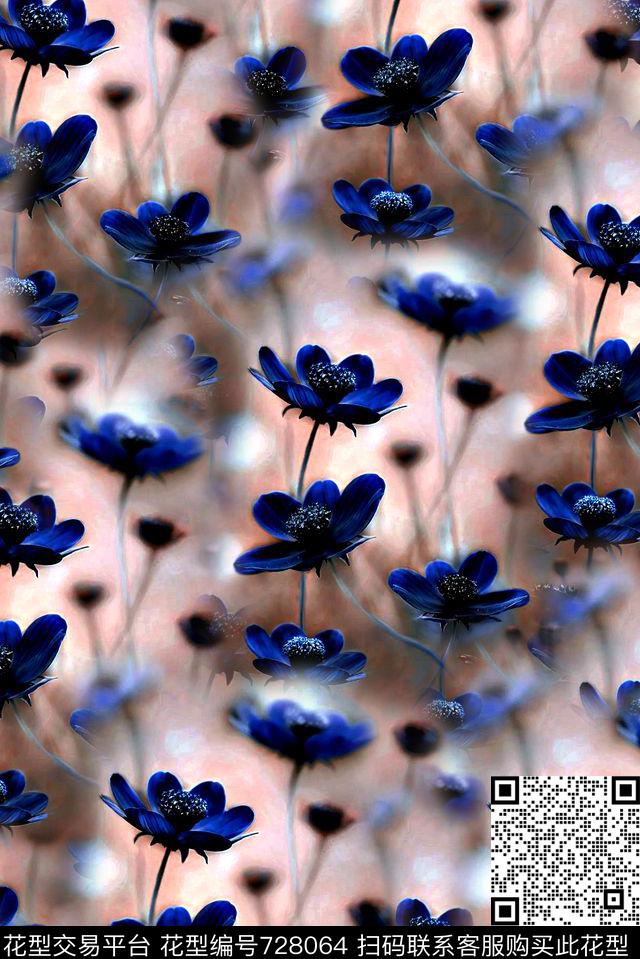 抽象手绘水彩画花卉数码印花时尚潮流女装裙子油画印花朦胧渐变纹理花朵印花数码印花华亿平台下载（图片编号: 728064） - 瓦栏（Walan）